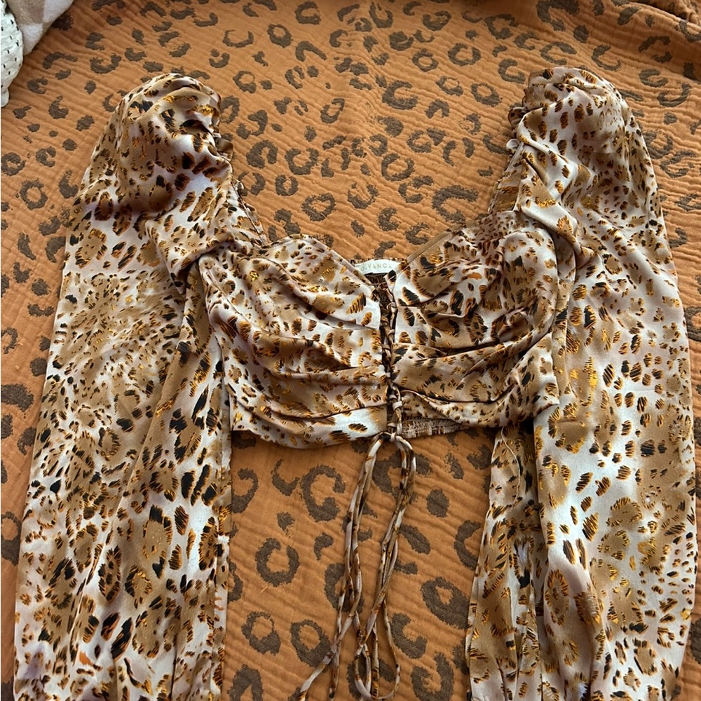 Brown and Tan Ruched Tie Front Cropped Blouse